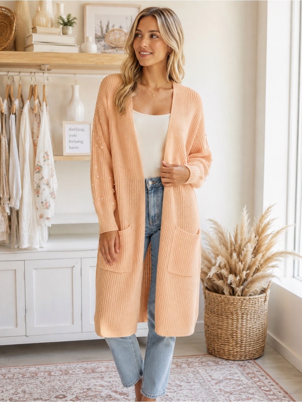 NWT Pearl Embellished Chunky Knit Cardigan Sweater Duster Oversized